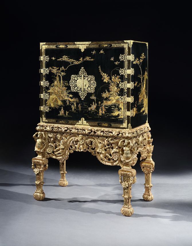 A Charles II black japanned cabinet on giltwood stand | MasterArt